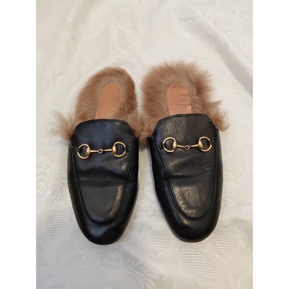Gucci Princetown Shearling-Lined Mules Black Leather Gold Horsebit Size 37 - Picture 1 of 7